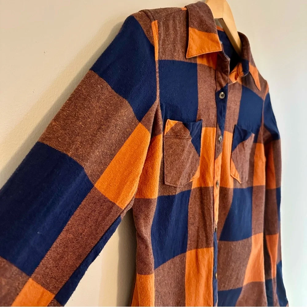 Natural Reflections Plaid Button-up Flannel Shirt, Navy and Burnt Orange, Small - Picture 7 of 9